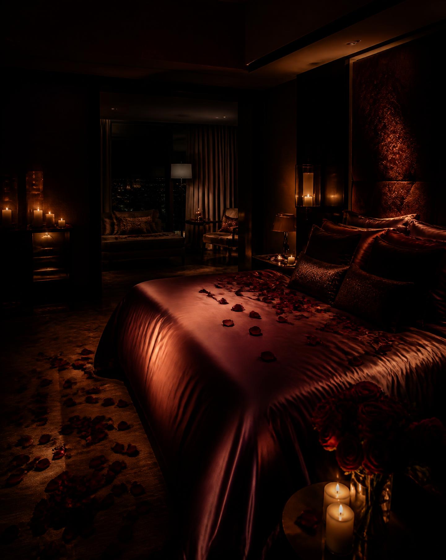 Suite en penumbra preparada con velas y pétalos de rosa